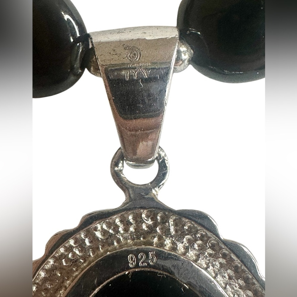 Sterling Silver Black Onyx Beaded Necklace with Large Black Stone Pendant - Picture 2 of 4
